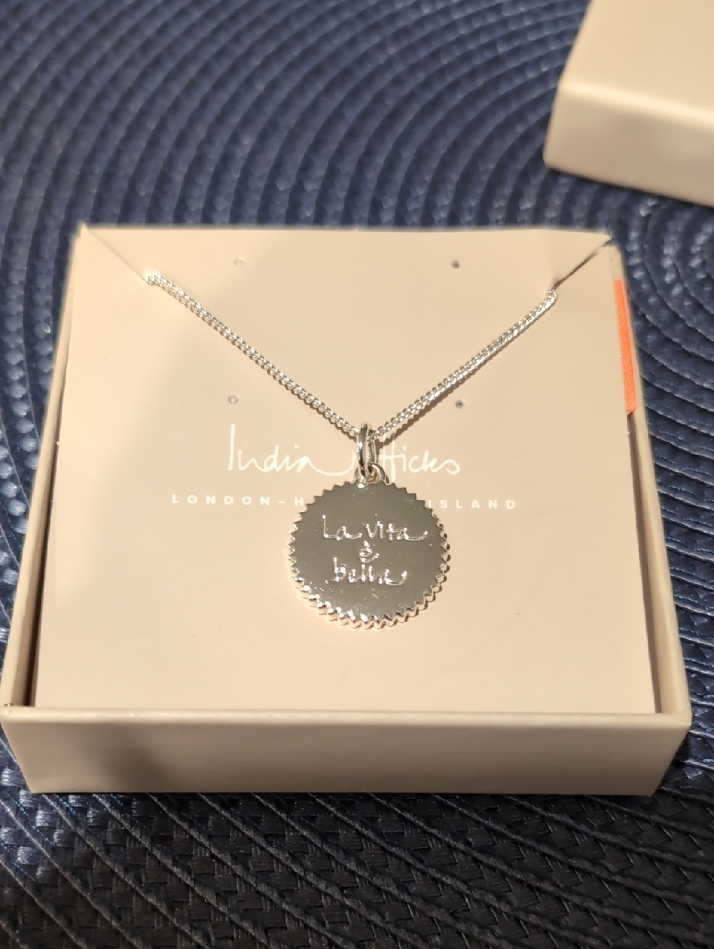 India Hicks-New In Box w/Tags.  Silver 'La Vita è Bella' Round Pendant ONLY.